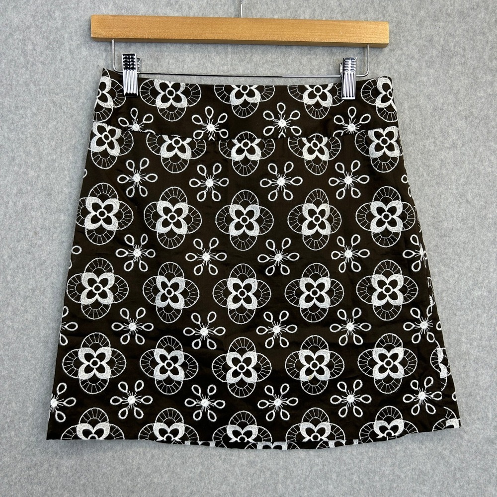 Ann Taylor LOFT Skirt Chocolate Brown White Floral Embroidered A-Line Size 0P
